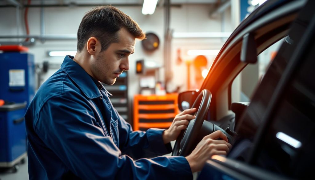 ADAS calibration technician conducting car diagnostics.