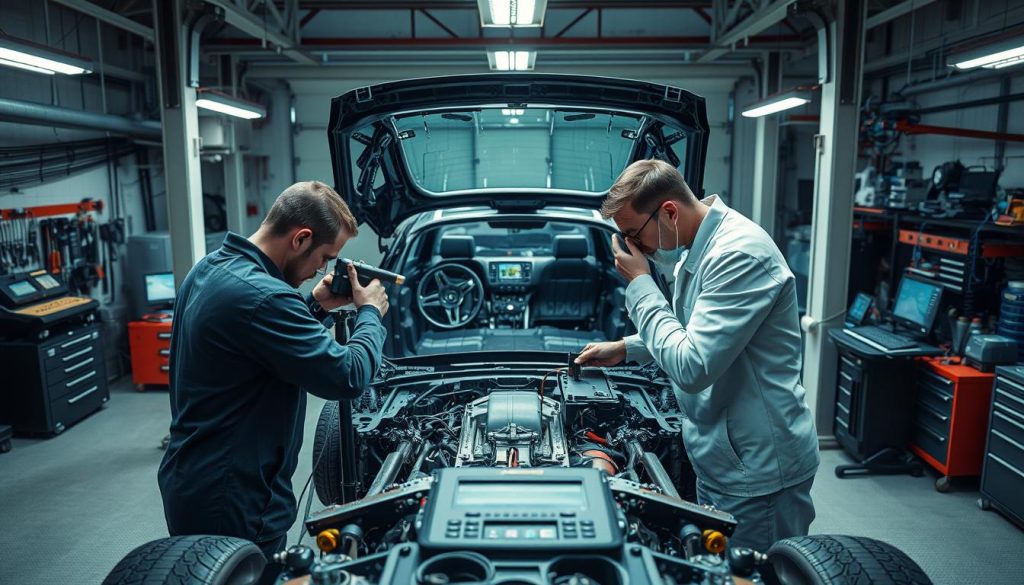 A brightly lit, high-angle view of a structural inspection process in an automotive repair workshop. In the foreground, a technician carefully examines the frame of a vehicle, using specialized tools to assess the integrity and alignment. Behind them, a partially disassembled vehicle reveals the intricate inner workings of the chassis. The middle ground is filled with diagnostic equipment, including digital displays and measurement devices, conveying the technical expertise required for this task. The background showcases the organized, well-equipped workshop setting, with various repair tools and equipment visible, reinforcing the professionalism and attention to detail of the skilled technicians.