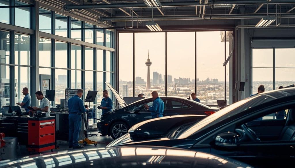 A bustling collision center, with a well-organized repair bay in the foreground. Technicians in blue overalls meticulously examine a dented fender, surrounded by a variety of tools and equipment. In the middle ground, a sleek, modern reception area with glass walls and a warm, welcoming ambiance. The background features a panoramic view of the San Antonio cityscape, with the iconic Tower of the Americas visible in the distance. The lighting is a combination of natural sunlight streaming through the windows and crisp, industrial-style overhead lamps, creating a harmonious blend of professional efficiency and customer-centric design. A bustling collision center, with a well-organized repair bay in the foreground. Technicians in blue overalls meticulously examine a dented fender, surrounded by a variety of tools and equipment. In the middle ground, a sleek, modern reception area with glass walls and a warm, welcoming ambiance. The background features a panoramic view of the San Antonio cityscape, with the iconic Tower of the Americas visible in the distance. The lighting is a combination of natural sunlight streaming through the windows and crisp, industrial-style overhead lamps, creating a harmonious blend of professional efficiency and customer-centric design.