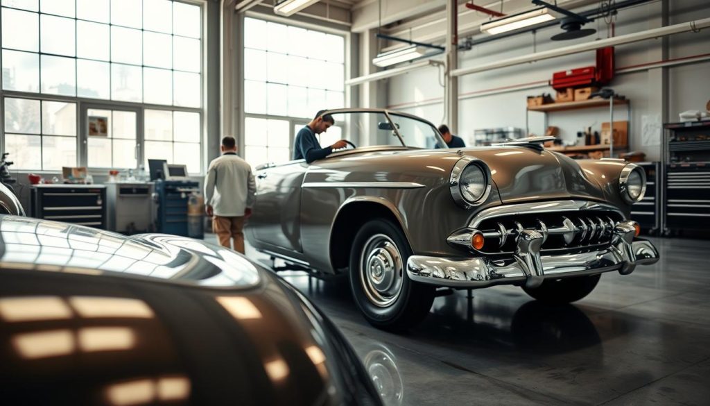 A gleaming auto body workshop, filled with the scent of fresh paint and the hum of machinery. In the foreground, a meticulously restored classic car, its pristine chrome accents catching the soft, diffused lighting from large windows. In the middle ground, skilled technicians work with precision, using the latest technology to carefully blend new paint with the original finish. The background reveals a spacious, well-organized workspace, with organized tool racks and a spotless concrete floor - a testament to the attention to detail and commitment to quality that defines this expert auto paint repair facility.
