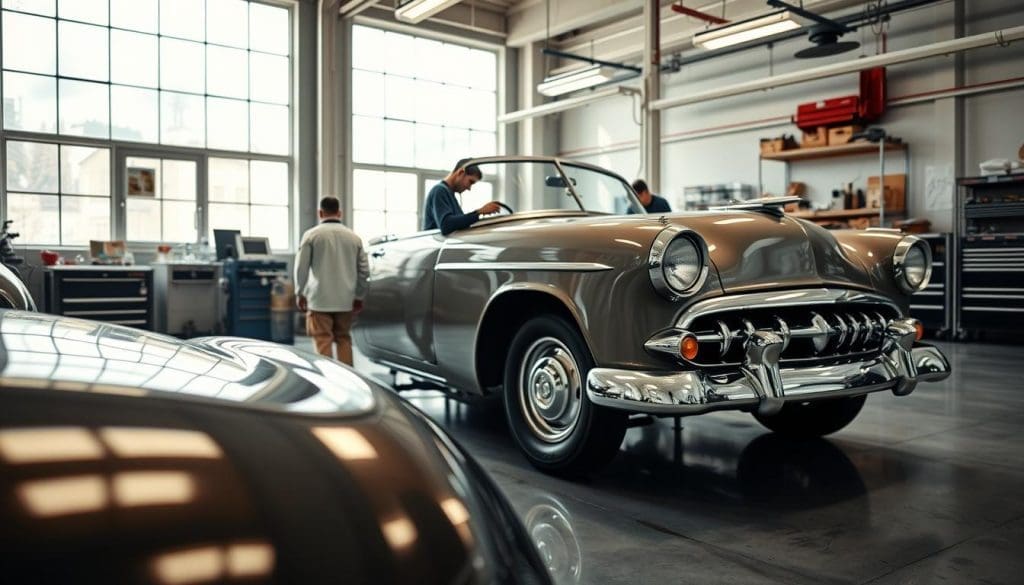 A gleaming auto body workshop, filled with the scent of fresh paint and the hum of machinery. In the foreground, a meticulously restored classic car, its pristine chrome accents catching the soft, diffused lighting from large windows. In the middle ground, skilled technicians work with precision, using the latest technology to carefully blend new paint with the original finish. The background reveals a spacious, well-organized workspace, with organized tool racks and a spotless concrete floor - a testament to the attention to detail and commitment to quality that defines this expert auto paint repair facility. A gleaming auto body workshop, filled with the scent of fresh paint and the hum of machinery. In the foreground, a meticulously restored classic car, its pristine chrome accents catching the soft, diffused lighting from large windows. In the middle ground, skilled technicians work with precision, using the latest technology to carefully blend new paint with the original finish. The background reveals a spacious, well-organized workspace, with organized tool racks and a spotless concrete floor - a testament to the attention to detail and commitment to quality that defines this expert auto paint repair facility.