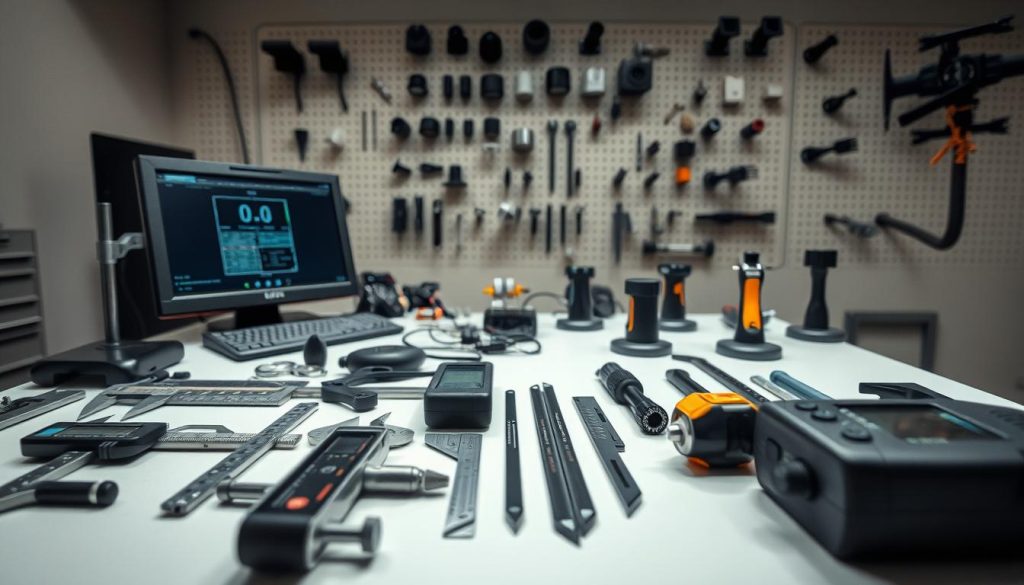 A meticulously arranged set of precision calibration tools sits on a clean, well-lit workbench. In the foreground, an array of digital calipers, protractors, and laser distance meters are precisely positioned. In the middle ground, a diagnostic computer and a selection of specialized tools for adjusting ADAS sensors and cameras. The background features a neutral-toned wall with a pegboard displaying various adapters and mounting brackets. Soft, indirect lighting illuminates the scene, highlighting the intricate details and technical nature of the equipment. The overall mood conveys a sense of professionalism, attention to detail, and the importance of proper calibration in automotive repair.