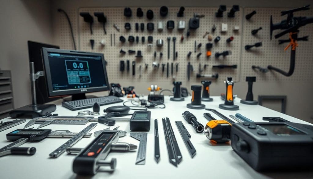 A meticulously arranged set of precision calibration tools sits on a clean, well-lit workbench. In the foreground, an array of digital calipers, protractors, and laser distance meters are precisely positioned. In the middle ground, a diagnostic computer and a selection of specialized tools for adjusting ADAS sensors and cameras. The background features a neutral-toned wall with a pegboard displaying various adapters and mounting brackets. Soft, indirect lighting illuminates the scene, highlighting the intricate details and technical nature of the equipment. The overall mood conveys a sense of professionalism, attention to detail, and the importance of proper calibration in automotive repair. A meticulously arranged set of precision calibration tools sits on a clean, well-lit workbench. In the foreground, an array of digital calipers, protractors, and laser distance meters are precisely positioned. In the middle ground, a diagnostic computer and a selection of specialized tools for adjusting ADAS sensors and cameras. The background features a neutral-toned wall with a pegboard displaying various adapters and mounting brackets. Soft, indirect lighting illuminates the scene, highlighting the intricate details and technical nature of the equipment. The overall mood conveys a sense of professionalism, attention to detail, and the importance of proper calibration in automotive repair.