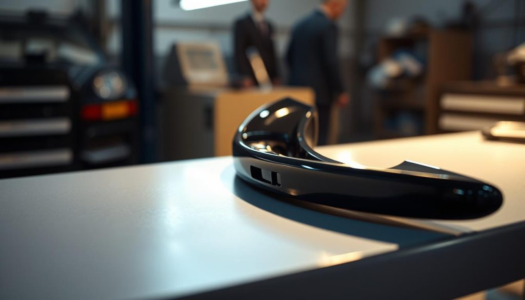 A meticulously crafted OEM part rests on a clean, well-lit workbench, its surface gleaming with a flawless, mirror-like finish. The part's intricate details and precise tolerances are highlighted by dramatic, directional lighting that casts crisp shadows, emphasizing its quality construction. In the background, a blurred, softly-lit workshop setting suggests a professional, automotive environment dedicated to excellence in fit and finish. The overall mood conveys a sense of pride, craftsmanship, and the attention to detail that customers can expect from the collision center's OEM parts and repairs.