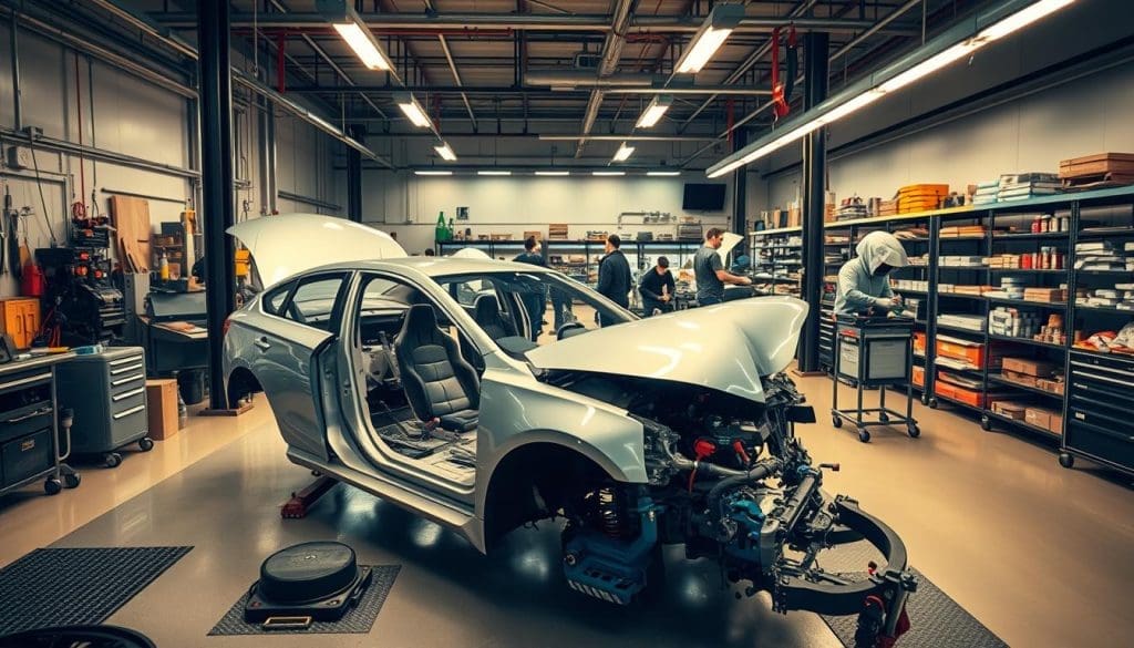 A modern auto body shop interior with an array of specialized tools, equipment, and workstations. The foreground showcases a well-lit service bay with a gleaming, partially disassembled vehicle undergoing meticulous repairs. The middle ground features a team of skilled technicians carefully inspecting and servicing various components. The background depicts a clean, organized workspace with neatly arranged shelves of replacement parts and supplies. The lighting is warm and diffused, creating a professional, efficient atmosphere. The overall scene conveys a comprehensive, high-quality collision repair service capable of restoring vehicles to their pre-accident condition. A modern auto body shop interior with an array of specialized tools, equipment, and workstations. The foreground showcases a well-lit service bay with a gleaming, partially disassembled vehicle undergoing meticulous repairs. The middle ground features a team of skilled technicians carefully inspecting and servicing various components. The background depicts a clean, organized workspace with neatly arranged shelves of replacement parts and supplies. The lighting is warm and diffused, creating a professional, efficient atmosphere. The overall scene conveys a comprehensive, high-quality collision repair service capable of restoring vehicles to their pre-accident condition.