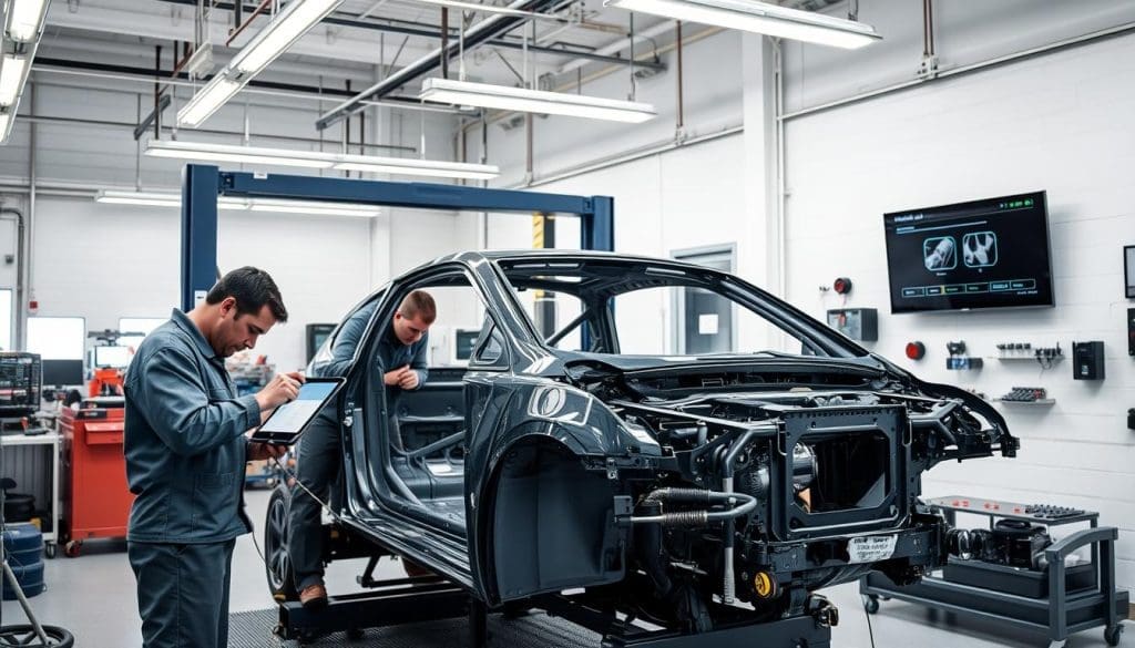 A modern auto repair shop with bright, natural lighting illuminating the clean, well-organized workspace. In the foreground, skilled technicians meticulously examine and measure a car's damaged frame using advanced digital tools and equipment. The middle ground showcases the latest frame straightening and welding technologies, ensuring precision and structural integrity. In the background, a wall-mounted display highlights the state-of-the-art safety testing procedures performed to ensure the repaired frame meets the highest standards. An atmosphere of professionalism, attention to detail, and commitment to customer safety permeates the scene.