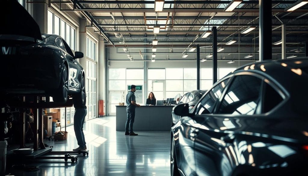 A modern automotive repair workshop, filled with natural light streaming through large windows. In the foreground, a car on a lift, mechanics working diligently, their tools and parts neatly organized. In the middle ground, a customer service desk with a friendly representative assisting a client. In the background, rows of freshly repaired vehicles awaiting delivery, their glossy finishes reflecting the crisp, clean atmosphere. The lighting is warm and even, casting a professional, trustworthy ambiance. The overall scene conveys efficiency, transparency, and a commitment to quality craftsmanship - the essence of a reliable collision repair process. A modern automotive repair workshop, filled with natural light streaming through large windows. In the foreground, a car on a lift, mechanics working diligently, their tools and parts neatly organized. In the middle ground, a customer service desk with a friendly representative assisting a client. In the background, rows of freshly repaired vehicles awaiting delivery, their glossy finishes reflecting the crisp, clean atmosphere. The lighting is warm and even, casting a professional, trustworthy ambiance. The overall scene conveys efficiency, transparency, and a commitment to quality craftsmanship - the essence of a reliable collision repair process.