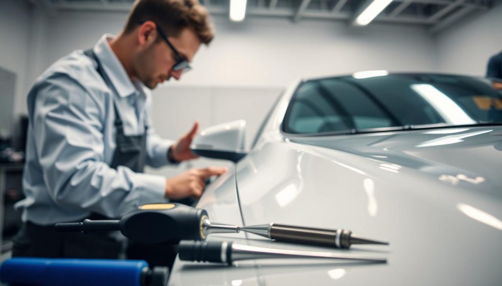 A pristine car in a well-lit auto shop, its surface gleaming under the soft diffused light. The dent technician, in a crisp uniform, meticulously inspects the car's exterior, studying the contours with a trained eye. In the foreground, specialized paintless dent repair tools lie neatly arranged, ready to coax the dent back into its original shape without damaging the paint. The background features a clean, organized workspace, conveying a sense of professionalism and attention to detail that is essential for high-quality dent removal.