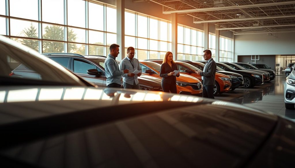 A sleek, modern car dealership showroom with large windows letting in warm, natural light. In the foreground, a group of customers reviewing paperwork with a friendly salesperson, discussing various deductible discount options. Reflection of the cars' glossy exteriors can be seen on the polished concrete floor. In the background, an array of sedans and SUVs in different colors, creating a sense of variety and choice. The atmosphere is relaxed and informative, with a focus on the financial benefits of deductible discounts for San Antonio drivers. High-quality, cinematic lighting and a clean, minimalist design aesthetic.