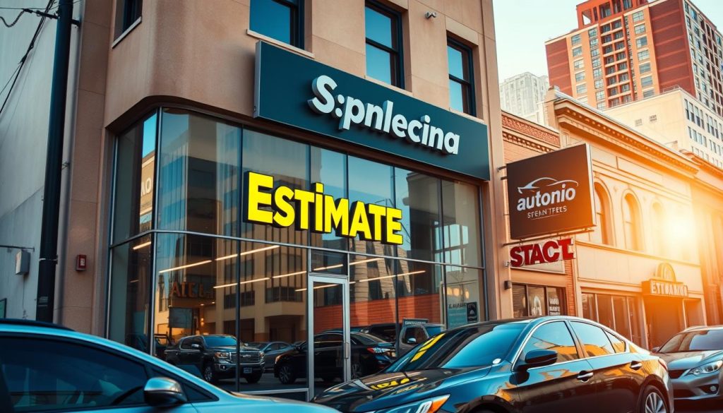 A vibrant storefront on a bustling San Antonio street, its large windows displaying a "Free Estimate" sign in bold, eye-catching lettering. The facade is adorned with a sleek, modern design, giving an impression of professionalism and trustworthiness. The sun casts a warm, golden glow across the scene, highlighting the clean, well-maintained exterior. A few parked cars are visible in the foreground, suggesting a thriving auto repair business. The background features the distinctive architecture of San Antonio, with its mix of historic and contemporary buildings, creating a dynamic and welcoming urban environment.