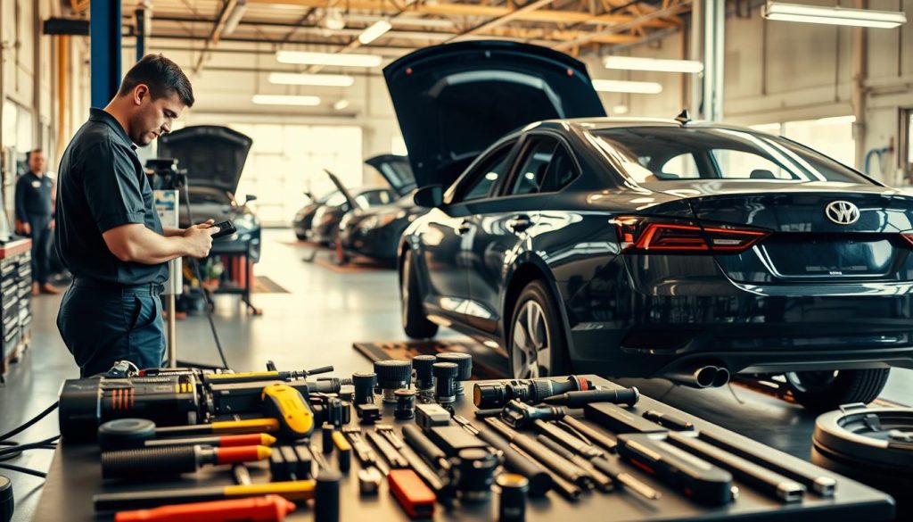 A well-equipped auto body repair shop, with a skilled technician meticulously inspecting a dented vehicle under warm, natural lighting. In the foreground, an array of precision tools and equipment sits neatly organized, ready to restore the car to its former glory. The middle ground features a backdrop of clean, orderly workstations, where other vehicles await their turn for expert repairs. In the background, the workshop is bathed in a soft, inviting glow, conveying a sense of professionalism and trusted care. The overall atmosphere exudes efficiency, attention to detail, and a commitment to providing a seamless collision repair experience.