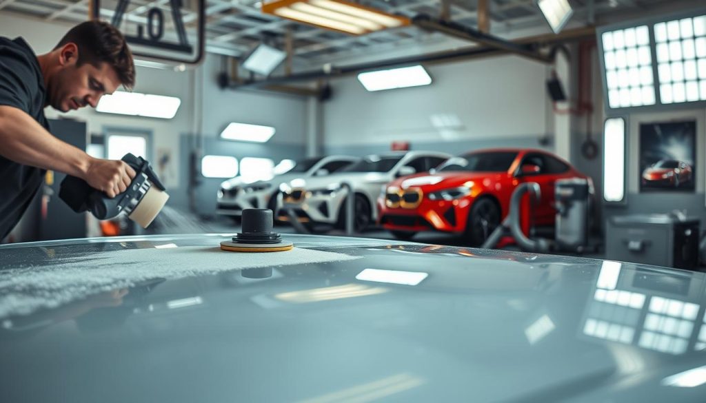 A well-lit, high-resolution photograph of an auto repair shop's paint booth, capturing the intricate process of car paint restoration. In the foreground, a technician meticulously sands the surface, preparing it for a new coat of paint. In the middle ground, an array of spray guns and air compressors stand ready, while the background reveals gleaming, freshly painted vehicles awaiting their final touches. The scene conveys a sense of precision, expertise, and the care taken to revitalize the car's finish, reflecting the "Expert Auto Paint Repair in San Antonio: Restore Your Car's Finish" article's subject and the "Our Auto Paint Repair Process" section title.