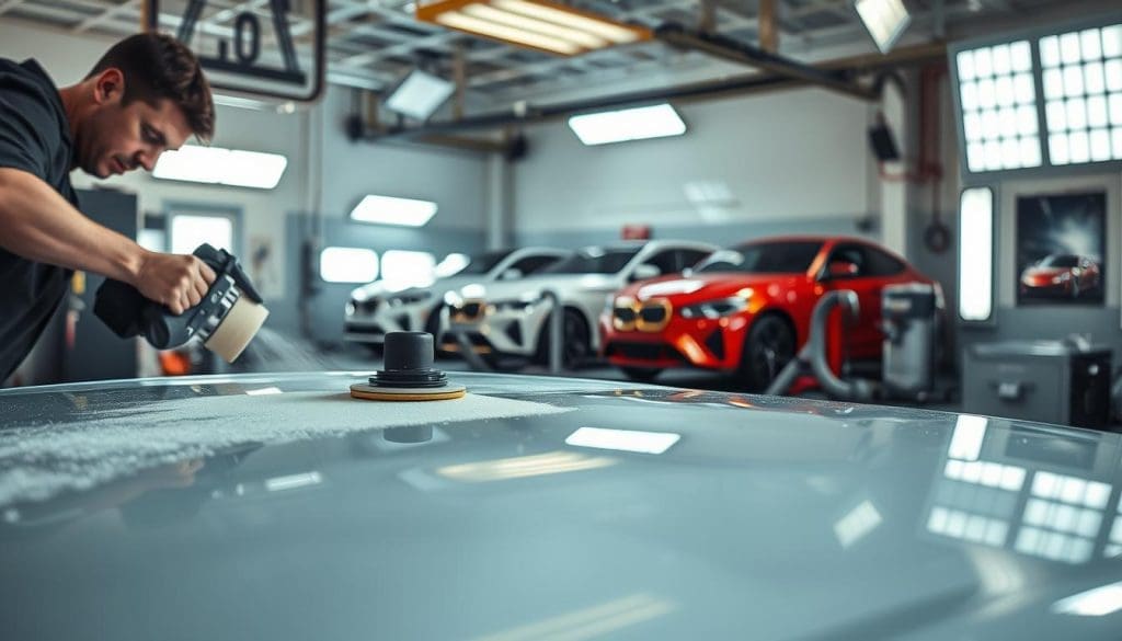 A well-lit, high-resolution photograph of an auto repair shop's paint booth, capturing the intricate process of car paint restoration. In the foreground, a technician meticulously sands the surface, preparing it for a new coat of paint. In the middle ground, an array of spray guns and air compressors stand ready, while the background reveals gleaming, freshly painted vehicles awaiting their final touches. The scene conveys a sense of precision, expertise, and the care taken to revitalize the car's finish, reflecting the "Expert Auto Paint Repair in San Antonio: Restore Your Car's Finish" article's subject and the "Our Auto Paint Repair Process" section title. A well-lit, high-resolution photograph of an auto repair shop's paint booth, capturing the intricate process of car paint restoration. In the foreground, a technician meticulously sands the surface, preparing it for a new coat of paint. In the middle ground, an array of spray guns and air compressors stand ready, while the background reveals gleaming, freshly painted vehicles awaiting their final touches. The scene conveys a sense of precision, expertise, and the care taken to revitalize the car's finish, reflecting the "Expert Auto Paint Repair in San Antonio: Restore Your Car's Finish" article's subject and the "Our Auto Paint Repair Process" section title.