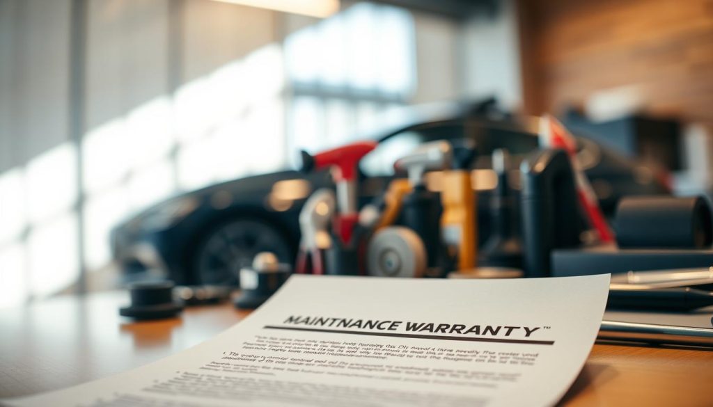 A well-lit office desk, with a prominent maintenance warranty document placed in the foreground. The document has a clean, professional design with clear sections outlining the terms and conditions. In the middle ground, various automotive tools and parts are neatly arranged, suggesting the importance of proper maintenance. The background features a blurred, minimalist interior, emphasizing the focus on the warranty and its role in ensuring the longevity of the vehicle. The lighting is warm and inviting, conveying a sense of reliability and trust in the maintenance process.