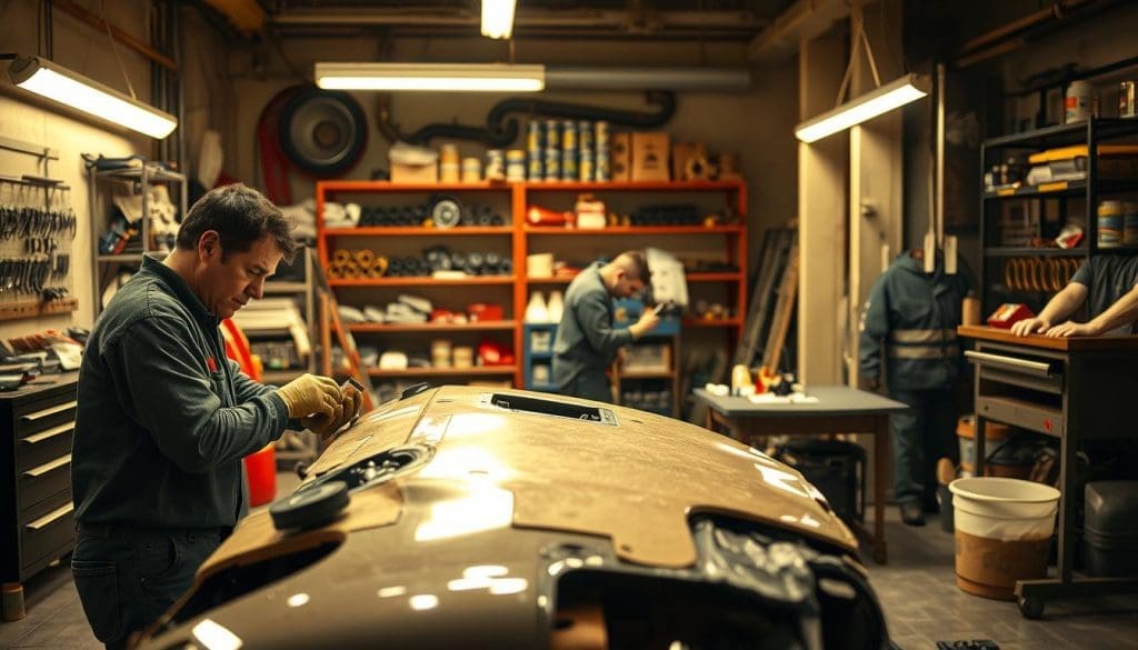 A well-lit workshop setting with an array of tools and equipment. In the foreground, a skilled technician meticulously sanding down the damaged bodywork of a vehicle, revealing the underlying structure. In the middle ground, another technician carefully applying a fresh coat of paint, their brush strokes precise and even. In the background, shelves of spare parts and a paint mixing station, conveying the comprehensive nature of the repair process. The lighting is warm and focused, casting subtle shadows that accentuate the textures and details of the scene. The overall atmosphere is one of professionalism, attention to detail, and a commitment to quality craftsmanship. A well-lit workshop setting with an array of tools and equipment. In the foreground, a skilled technician meticulously sanding down the damaged bodywork of a vehicle, revealing the underlying structure. In the middle ground, another technician carefully applying a fresh coat of paint, their brush strokes precise and even. In the background, shelves of spare parts and a paint mixing station, conveying the comprehensive nature of the repair process. The lighting is warm and focused, casting subtle shadows that accentuate the textures and details of the scene. The overall atmosphere is one of professionalism, attention to detail, and a commitment to quality craftsmanship.