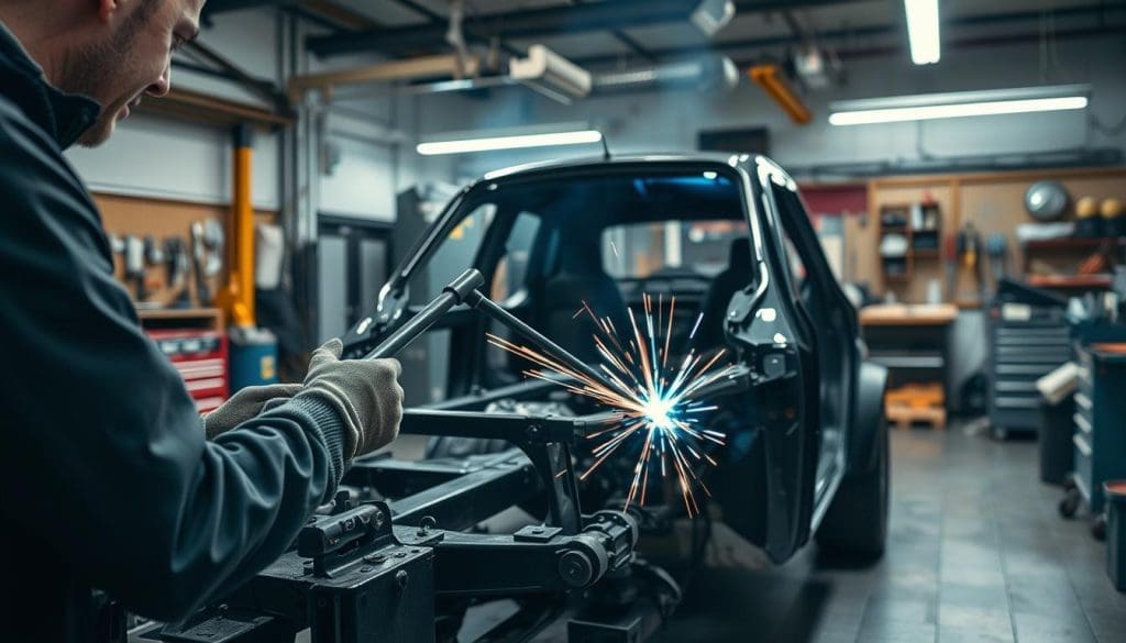 A well-lit workshop with a skilled technician carefully examining and repairing the frame of a vehicle, ensuring its structural integrity and safety after an accident. The foreground features the technician's hands meticulously aligning and welding the frame components, while the middle ground showcases the vehicle's chassis undergoing the repair process. The background depicts the organized workspace of a reputable frame repair shop in San Antonio, Texas, with various tools and equipment visible, conveying a sense of expertise and professionalism. The overall atmosphere is one of precision, care, and a commitment to restoring the vehicle to its pre-accident condition, prioritizing the safety and well-being of the customer.