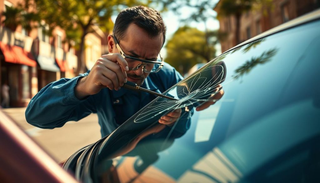 Auto glass repair specialist examining cracked windshield in San Antonio.