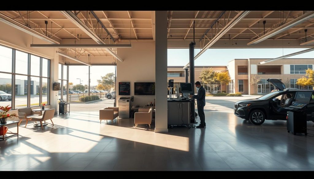 Two modern, well-equipped auto repair facilities in San Antonio, Texas. Sunlit interiors with sleek, spacious waiting areas and state-of-the-art diagnostic equipment. Skilled technicians inspect and calibrate ADAS systems with precision. Exterior views showcase the buildings' contemporary architecture, surrounded by lush landscaping and ample parking. A warm, inviting atmosphere that prioritizes customer comfort and satisfaction during the calibration process. Crisp, high-resolution photography captures the professional, reliable nature of these convenient locations.