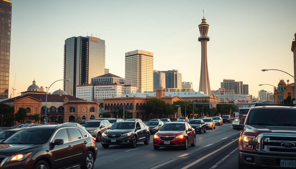 A bustling urban street in San Antonio, Texas, captured under the warm glow of the evening sun. In the foreground, a variety of vehicles - sedans, pickup trucks, and SUVs - navigate the winding road, their headlights illuminating the scene. The middle ground features a mix of modern high-rise buildings and historic Spanish-style architecture, creating a dynamic skyline. In the background, the iconic silhouette of the Tower of the Americas stands tall, its observation deck offering a panoramic view of the city. The overall atmosphere conveys the vibrant and fast-paced nature of San Antonio's traffic, where accidents can happen at any moment. A bustling urban street in San Antonio, Texas, captured under the warm glow of the evening sun. In the foreground, a variety of vehicles - sedans, pickup trucks, and SUVs - navigate the winding road, their headlights illuminating the scene. The middle ground features a mix of modern high-rise buildings and historic Spanish-style architecture, creating a dynamic skyline. In the background, the iconic silhouette of the Tower of the Americas stands tall, its observation deck offering a panoramic view of the city. The overall atmosphere conveys the vibrant and fast-paced nature of San Antonio's traffic, where accidents can happen at any moment.