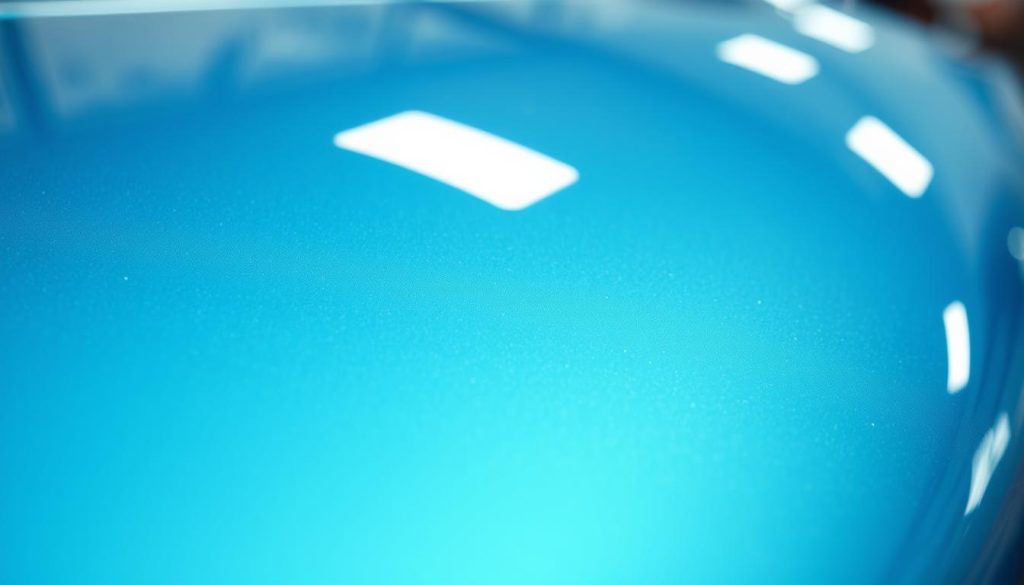 A close-up shot of a gleaming car paint finish, showcasing its intricate, multi-layered texture. The surface reflects the light, creating a glossy, mirror-like sheen. In the foreground, the paint appears vibrant and saturated, with subtle gradients and flecks of metallic pigments. The middle ground reveals the depth and complexity of the clear coat, while the background fades into a soft, out-of-focus blur, emphasizing the precision and craftsmanship of the paint application. Crisp, high-resolution details capture the smooth, flawless finish, highlighting the advanced color matching techniques used in modern auto body shops.