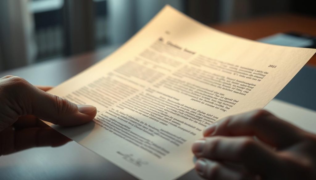 A close-up shot of a person's hand meticulously examining a document, the fine print clearly visible and illuminated by a soft, directional light. The document's pages are crisp and well-preserved, hinting at its importance. The background is blurred, drawing the viewer's full attention to the intricate details being scrutinized. The scene conveys a sense of diligence, caution, and the need to thoroughly understand the fine print before committing to an agreement.