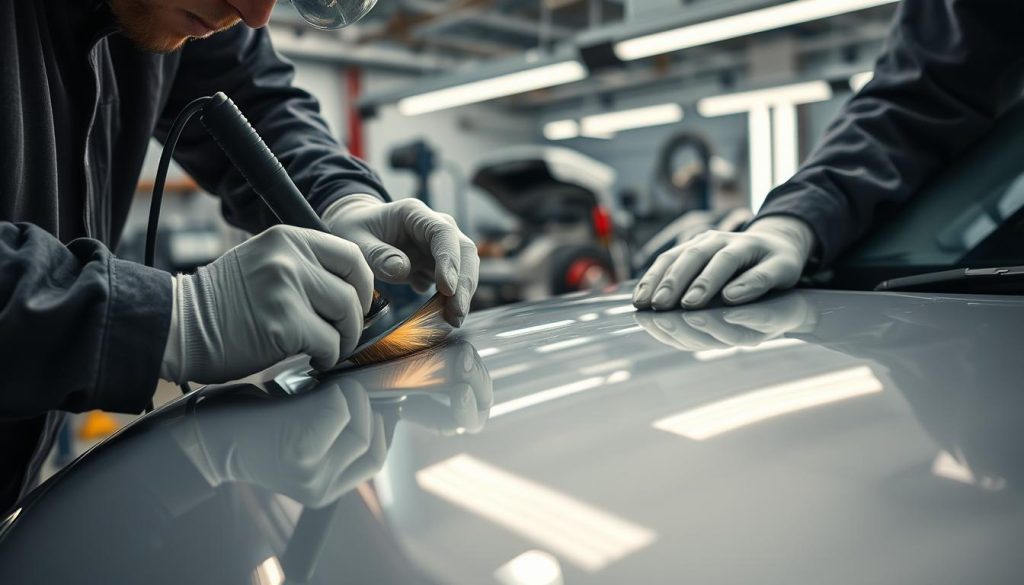 A close-up view of skilled technicians meticulously inspecting and repairing a vehicle's hail-damaged exterior. The foreground features their nimble hands delicately manipulating specialized tools, carefully buffing out dents and restoring the original paint finish. In the middle ground, the vehicle's surface is illuminated by soft, diffused lighting, revealing the intricate details of the repair process. The background showcases a well-equipped auto body shop, with gleaming equipment and a serene, organized atmosphere, conveying a sense of professionalism and expertise. The overall scene emanates a calming, focused energy, reflecting the technicians' dedication to delivering high-quality hail damage repair services.