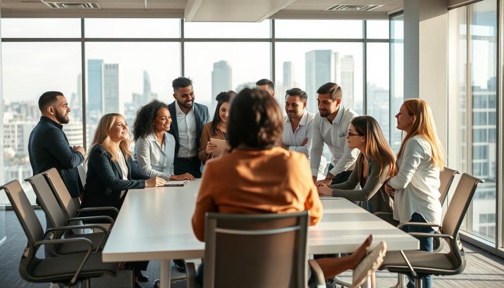 A diverse group of professionals working cohesively as a team in a modern, well-lit office setting. In the foreground, colleagues of varying ages and ethnicities are engaged in a lively discussion, their expressions conveying a sense of collaboration and camaraderie. The middle ground features a sleek, minimalist conference table surrounded by ergonomic chairs, while the background showcases floor-to-ceiling windows offering a panoramic view of the San Antonio skyline. The overall atmosphere exudes a palpable feeling of productivity, trust, and a shared commitment to excellence. A diverse group of professionals working cohesively as a team in a modern, well-lit office setting. In the foreground, colleagues of varying ages and ethnicities are engaged in a lively discussion, their expressions conveying a sense of collaboration and camaraderie. The middle ground features a sleek, minimalist conference table surrounded by ergonomic chairs, while the background showcases floor-to-ceiling windows offering a panoramic view of the San Antonio skyline. The overall atmosphere exudes a palpable feeling of productivity, trust, and a shared commitment to excellence.