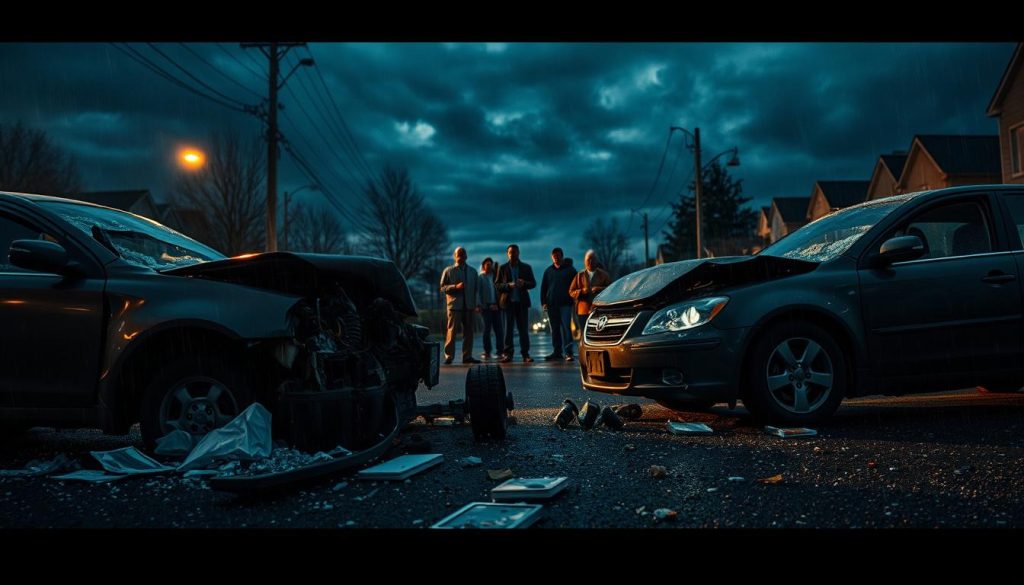 A dramatic, cinematic scene of a car collision aftermath on a suburban street. The mangled vehicles are in the foreground, surrounded by shattered glass and debris. In the middle ground, concerned bystanders gather, their expressions somber. The background features a dimly lit, rainy evening sky, creating a moody, atmospheric ambiance. Dramatic chiaroscuro lighting illuminates the key elements, casting dramatic shadows. A telephoto lens compression emphasizes the sense of depth and scale. The overall tone conveys the urgency and gravity of the situation, underscoring the importance of proper collision response to restore vehicle safety.