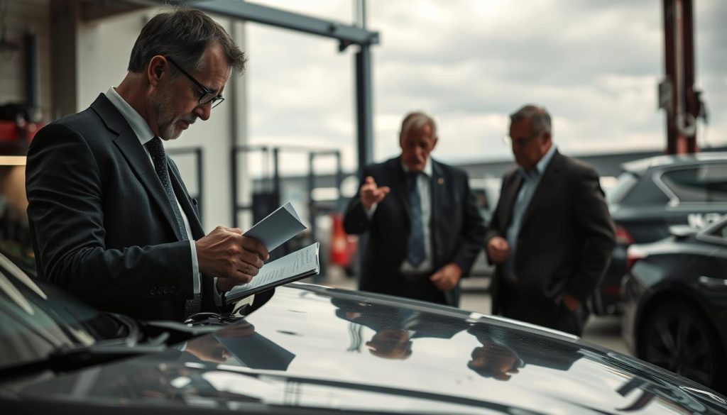 A group of insurance adjusters gathered around a damaged vehicle, intently examining the scene. In the foreground, a suited adjuster meticulously inspects the dents and scratches, taking careful notes. In the middle ground, two more adjusters confer, gesturing towards the vehicle and exchanging insights. In the background, the soft glow of overcast skies and the muted tones of the repair shop create a sense of professionalism and diligence. Crisp, high-resolution photography captures the focused expressions and purposeful movements of the adjusters as they work to assess the extent of the damage and determine the appropriate course of action.