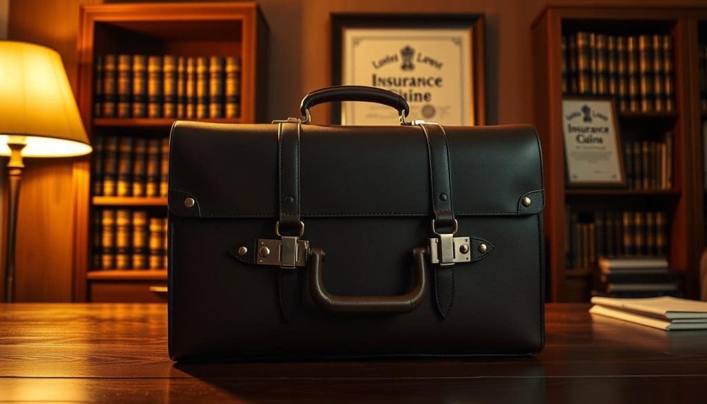 A high-contrast, photorealistic image of a sturdy briefcase sitting atop a wooden desk, its metal clasps gleaming under the warm glow of a desk lamp. In the background, a row of bookshelves filled with legal tomes and a framed certificate hang on the wall, conveying a sense of authority and professionalism. The scene exudes a serious, contemplative mood, reflecting the complexities of navigating insurance claims and legal disputes in the aftermath of a car accident.