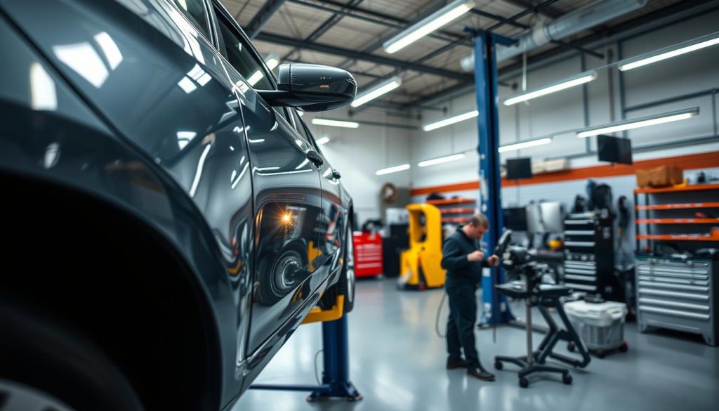 A modern auto repair shop in San Antonio, Texas, with a team of skilled technicians using the latest paintless dent repair techniques. In the foreground, a customer's vehicle on a lift, the dented panel carefully examined under bright, diffused lighting. In the middle ground, technicians working meticulously with specialized tools, restoring the vehicle's original shape. The background features a clean, organized workshop with high ceilings, tool racks, and diagnostic equipment, conveying a sense of professionalism and attention to detail. The overall atmosphere is one of efficiency, precision, and customer-focused service.