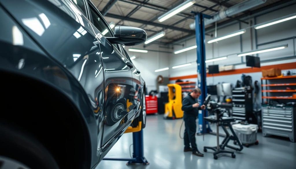 A modern auto repair shop in San Antonio, Texas, with a team of skilled technicians using the latest paintless dent repair techniques. In the foreground, a customer's vehicle on a lift, the dented panel carefully examined under bright, diffused lighting. In the middle ground, technicians working meticulously with specialized tools, restoring the vehicle's original shape. The background features a clean, organized workshop with high ceilings, tool racks, and diagnostic equipment, conveying a sense of professionalism and attention to detail. The overall atmosphere is one of efficiency, precision, and customer-focused service.