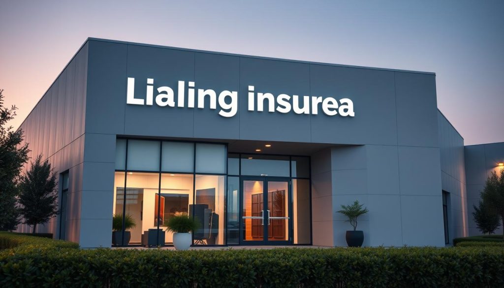 A modern, professional office building with a prominent sign displaying the name of a leading insurance company. The architecture features a sleek, minimalist design with clean lines, large windows, and a neutral color palette of grays, whites, and blues. In the foreground, a well-manicured landscape with neatly trimmed hedges and a few potted plants adds a touch of greenery. The scene is illuminated by warm, diffused lighting, creating a welcoming and trustworthy atmosphere. The overall impression conveys a sense of reliability, stability, and expertise that aligns with the reputation of a reputable insurance provider.