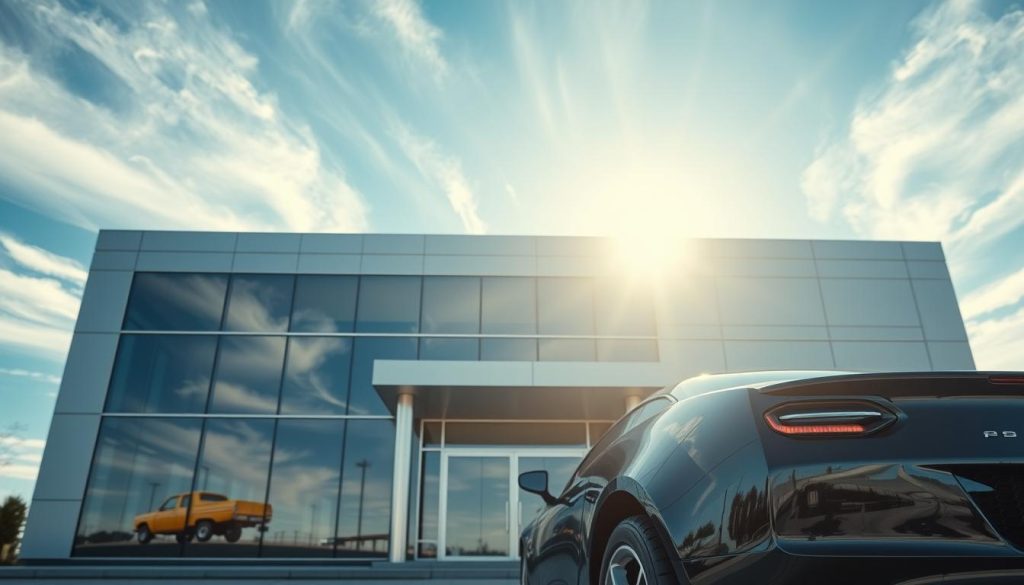 A modern, sleek insurance building set against a backdrop of a blue sky dotted with wispy clouds. The structure features a minimalist, glass-and-steel facade that reflects the surrounding environment. Sunlight streams in through the large windows, illuminating the interior space. The building's entrance is framed by a pair of steel pillars, conveying a sense of strength and reliability. In the foreground, a well-maintained, gleaming automobile is parked, its glossy paint job a testament to the quality of professional auto repairs. The overall scene exudes a sense of trust, transparency, and assurance, reflecting the key attributes of the "Insurance-Friendly, Transparent, and Backed by Warranty" section of the article.
