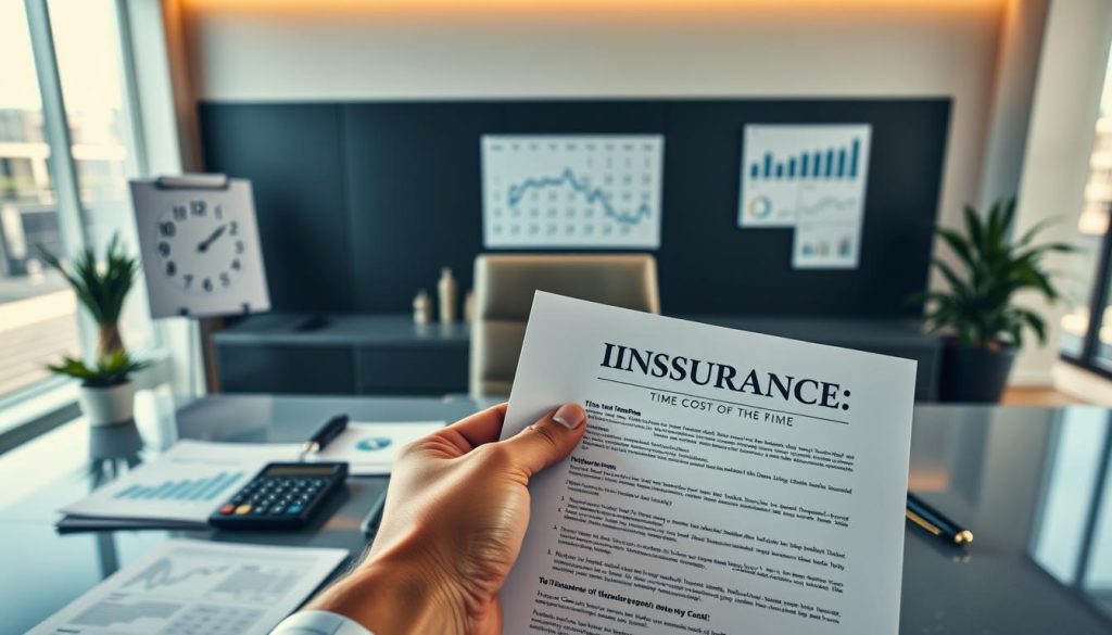 A modern, sleek office scene with a central desk showcasing various financial documents, a calculator, and a pen. In the foreground, a hand holds an insurance policy, symbolizing the "time, cost, and insurance" aspects. The middle ground features a digital clock display, indicating the time factor. In the background, a minimalist wall calendar and charts/graphs highlight the cost considerations. Warm, natural lighting illuminates the scene, creating a professional and reassuring atmosphere. The overall composition conveys the careful balancing of time, cost, and insurance when considering paintless dent repair options.