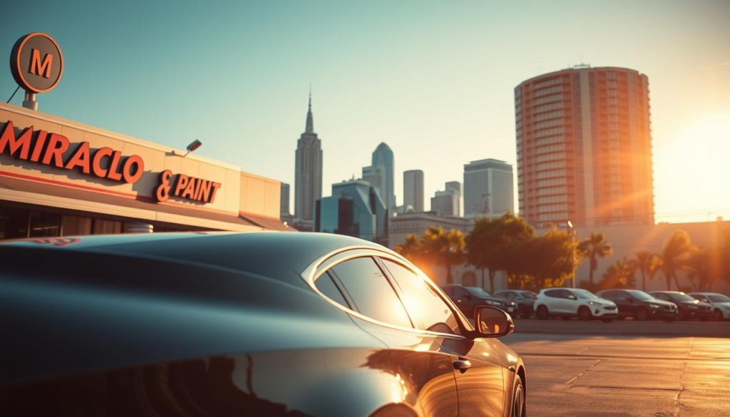 A modern, well-equipped San Antonio auto repair shop nestled in a vibrant urban landscape. In the foreground, a gleaming sedan, its freshly polished exterior reflecting the warm, golden sunlight. The middle ground features the shop's signage and storefront, with large windows showcasing the latest car models. In the background, the iconic skyline of San Antonio rises, its distinctive architecture and towering skyscrapers creating a dynamic, metropolitan backdrop. The lighting is soft and natural, casting long shadows and highlighting the vibrant colors of the scene. The overall mood is one of professionalism, expertise, and the reliable, high-quality service that Miracle Body and Paint is known for in the San Antonio community. A modern, well-equipped San Antonio auto repair shop nestled in a vibrant urban landscape. In the foreground, a gleaming sedan, its freshly polished exterior reflecting the warm, golden sunlight. The middle ground features the shop's signage and storefront, with large windows showcasing the latest car models. In the background, the iconic skyline of San Antonio rises, its distinctive architecture and towering skyscrapers creating a dynamic, metropolitan backdrop. The lighting is soft and natural, casting long shadows and highlighting the vibrant colors of the scene. The overall mood is one of professionalism, expertise, and the reliable, high-quality service that Miracle Body and Paint is known for in the San Antonio community.