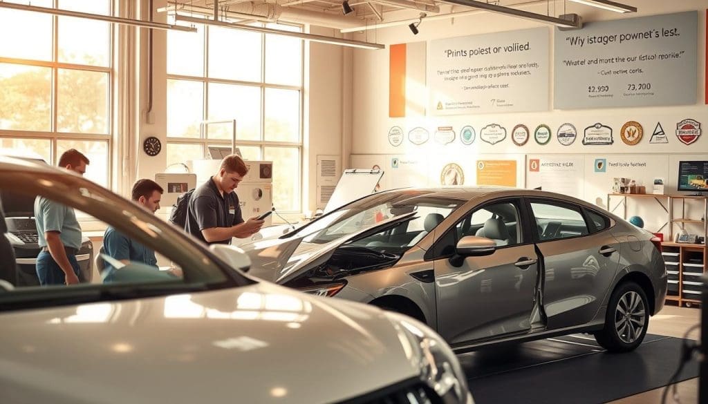 A modern, well-equipped San Antonio collision center, bathed in warm, natural lighting from large windows. In the foreground, a team of skilled technicians meticulously inspecting a recently repaired vehicle, examining the flawless paintwork and alignment under the keen eye of a manager. The middle ground showcases the facility's state-of-the-art equipment, including advanced diagnostic tools and a high-tech paint booth. In the background, a display of customer testimonials and certifications highlights the center's commitment to quality and customer satisfaction. The overall atmosphere exudes professionalism, attention to detail, and a customer-centric approach, inviting the viewer to trust this establishment for their accident repair needs.