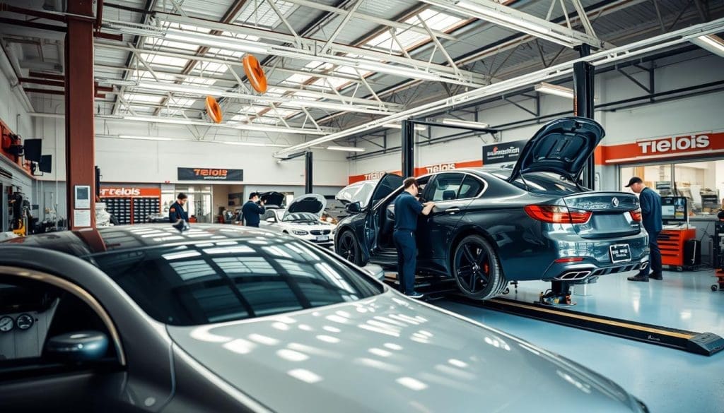 A modern, well-equipped auto body repair shop with a spacious, well-lit interior. The foreground features a sleek, recently repaired luxury sedan on a hydraulic lift, surrounded by neatly organized tools and equipment. The middle ground showcases skilled technicians in uniforms working on various vehicles, using advanced diagnostic tools and techniques. In the background, the shop's branding and signage are prominently displayed, creating a sense of professionalism and attention to detail. The lighting is bright and natural, casting an inviting atmosphere that conveys a commitment to high-quality collision repair services.