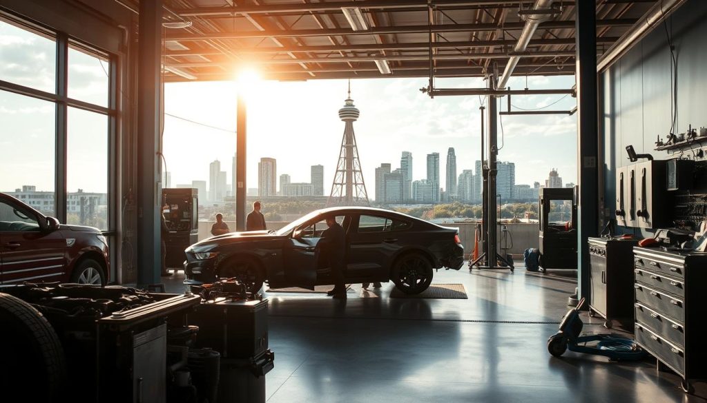 A modern, well-equipped auto body shop set against the backdrop of the San Antonio cityscape. In the foreground, a sleek, state-of-the-art repair bay with technicians diligently working on a damaged vehicle. Sunlight filters in through large windows, casting a warm, inviting glow over the scene. The middle ground features an array of specialized tools and equipment, conveying the shop's commitment to quality craftsmanship. In the background, the iconic skyline of San Antonio, including the Tower of the Americas, serves as a testament to the shop's deep roots in the local community. The overall impression is one of professionalism, expertise, and a dedication to providing exceptional accident repair services.