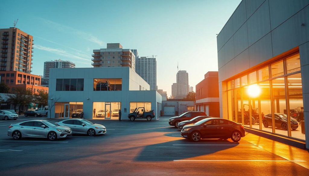 A modern, well-equipped auto collision center in San Antonio, nestled in an urban landscape. The building's facade features large windows and a clean, minimalist design, conveying a sense of professionalism and efficiency. In the foreground, a neatly organized parking lot with a few cars awaiting repair, bathed in warm, directional lighting that casts subtle shadows. The middle ground showcases the workshop, visible through large windows, where skilled technicians work diligently on damaged vehicles. The background depicts the bustling city streets, with towering buildings and a clear, blue sky overhead, creating a harmonious contrast between the commercial and residential elements. The overall scene exudes a sense of trust, care, and attention to detail, reflecting the high-quality service expected at this collision center.