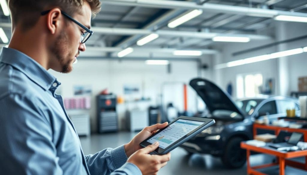 A modern, well-lit auto body shop interior with a customer reviewing vehicle estimates on a tablet. The foreground features a customer wearing business casual attire, intently focused on the tablet screen. The middle ground showcases an orderly work area with tools, paint samples, and a car in the background. Soft, directional lighting illuminates the scene, creating a professional, yet inviting atmosphere. The overall composition conveys an efficient, customer-centric process for estimating auto body repairs. A modern, well-lit auto body shop interior with a customer reviewing vehicle estimates on a tablet. The foreground features a customer wearing business casual attire, intently focused on the tablet screen. The middle ground showcases an orderly work area with tools, paint samples, and a car in the background. Soft, directional lighting illuminates the scene, creating a professional, yet inviting atmosphere. The overall composition conveys an efficient, customer-centric process for estimating auto body repairs.