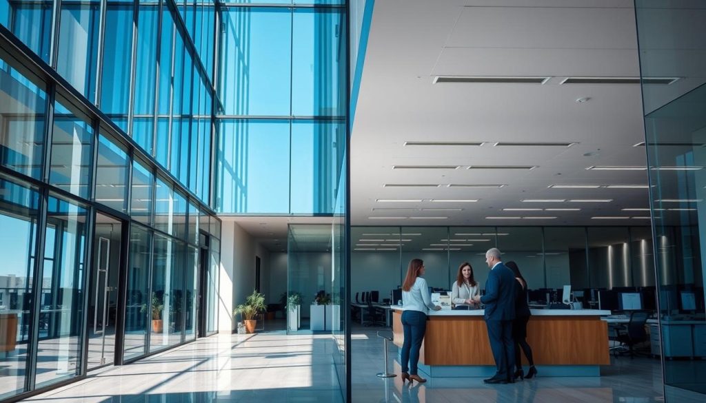 A professional office building with a modern glass and steel facade, reflecting the clear blue sky. In the foreground, a group of people are conversing at the reception desk, conveying a sense of efficiency and customer service. The interior space is filled with soft, diffused lighting, creating a welcoming atmosphere. In the background, rows of cubicles and workstations can be seen, suggesting the inner workings of an insurance company. The overall scene evokes a sense of trust, reliability, and a streamlined insurance experience for customers in San Antonio.