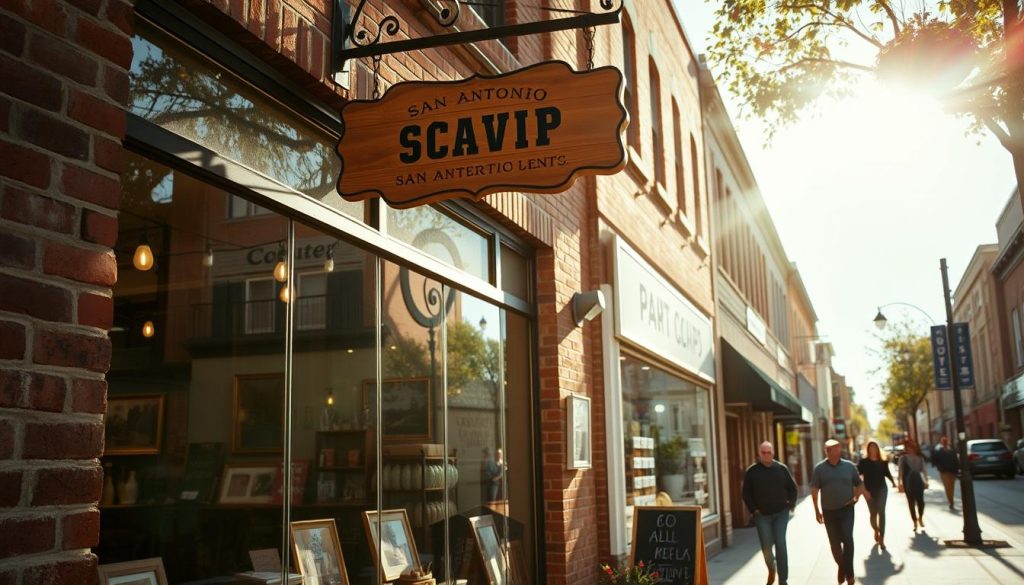 A quaint San Antonio shop nestled along a bustling downtown street, bathed in warm afternoon sunlight. The storefront features a classic brick facade, with a charming wooden sign swaying gently in the breeze. Through the large display windows, shoppers can glimpse an inviting interior filled with eclectic local goods and art. A few pedestrians stroll by, reflected in the glass, adding to the lively ambiance of this vibrant urban scene. The overall atmosphere conveys a sense of community, craft, and the unique character of this historic Texas city.