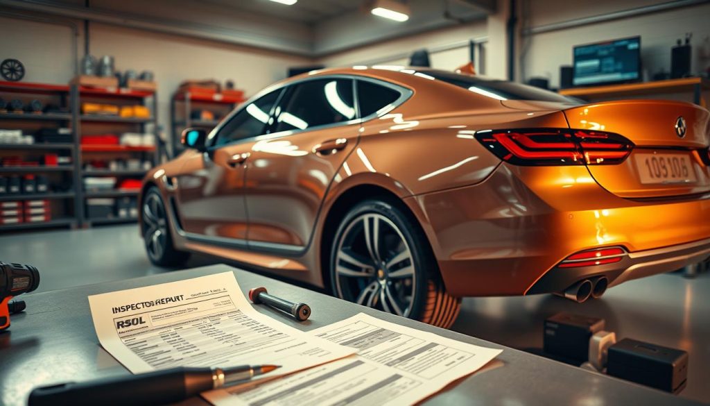 A sleek, modern car sits in a well-lit garage, its freshly buffed exterior gleaming under warm, directional lighting. The car's panels have been expertly repaired, seamlessly blending new and original components. In the foreground, a mechanic's tools and a detailed inspection report lay on a clean workbench, indicating the meticulous care taken to restore the vehicle's condition. The background features shelves of replacement parts and a computer monitor displaying diagnostic information, conveying the technical expertise required to preserve the car's resale value. The overall scene exudes a sense of professionalism and attention to detail, highlighting the importance of proper collision repairs in maintaining a vehicle's market worth.