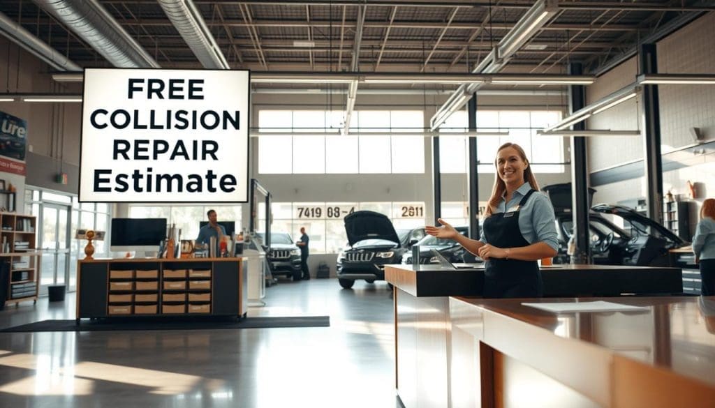 A spacious auto body shop interior, with a well-lit reception area showcasing a large, modern sign that reads "Free Collision Repair Estimate". In the foreground, a friendly customer service representative stands ready to assist, gesturing towards a nearby counter with brochures and forms. The middle ground features a neatly organized workspace, with mechanics in the background tending to vehicles. Soft natural lighting filters through large windows, creating a warm and inviting atmosphere that conveys the shop's professionalism and commitment to providing quality service. The overall scene suggests a welcoming, efficient, and trustworthy environment for San Antonio residents to receive their free collision repair estimates.