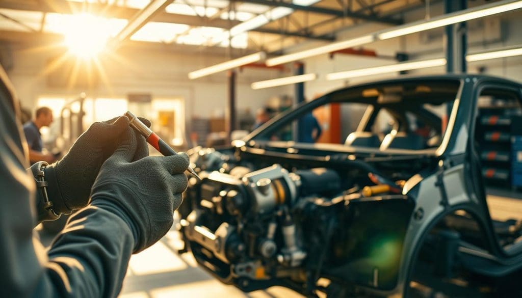 A sun-dappled body shop interior, with a skilled technician meticulously repairing a customer's vehicle. The foreground showcases the technician's hands, wielding precision tools as they carefully assess the damage and plan the repair process. The middle ground features the partially disassembled vehicle, its exposed components revealing the intricate workings beneath the surface. In the background, the well-organized workshop bustles with activity, a testament to the team's dedication to delivering a seamless customer experience. Warm lighting casts a soft glow, creating an atmosphere of professionalism and care. The scene conveys the attention to detail and customer-centric approach that sets this body shop apart. A sun-dappled body shop interior, with a skilled technician meticulously repairing a customer's vehicle. The foreground showcases the technician's hands, wielding precision tools as they carefully assess the damage and plan the repair process. The middle ground features the partially disassembled vehicle, its exposed components revealing the intricate workings beneath the surface. In the background, the well-organized workshop bustles with activity, a testament to the team's dedication to delivering a seamless customer experience. Warm lighting casts a soft glow, creating an atmosphere of professionalism and care. The scene conveys the attention to detail and customer-centric approach that sets this body shop apart.