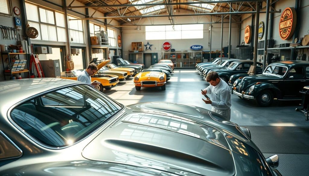 A sun-drenched auto shop in San Antonio, the heart of Texas car culture. In the foreground, a pristine sports car gleams under the warm light, its metallic paint precisely matched to the manufacturer's specifications. Skilled technicians, clad in crisp uniforms, carefully apply the paint, their brushstrokes seamless and precise. In the middle ground, rows of classic muscle cars await their turn, their weathered exteriors hinting at the meticulous restoration work to come. The background is a tapestry of hanging tools, shelves of paint cans, and the occasional burst of neon signage - a testament to the workshop's expertise and dedication to perfection. An atmosphere of quiet professionalism pervades the scene, reflecting the trusted techniques and proven results that define the best car paint services in San Antonio. A sun-drenched auto shop in San Antonio, the heart of Texas car culture. In the foreground, a pristine sports car gleams under the warm light, its metallic paint precisely matched to the manufacturer's specifications. Skilled technicians, clad in crisp uniforms, carefully apply the paint, their brushstrokes seamless and precise. In the middle ground, rows of classic muscle cars await their turn, their weathered exteriors hinting at the meticulous restoration work to come. The background is a tapestry of hanging tools, shelves of paint cans, and the occasional burst of neon signage - a testament to the workshop's expertise and dedication to perfection. An atmosphere of quiet professionalism pervades the scene, reflecting the trusted techniques and proven results that define the best car paint services in San Antonio.