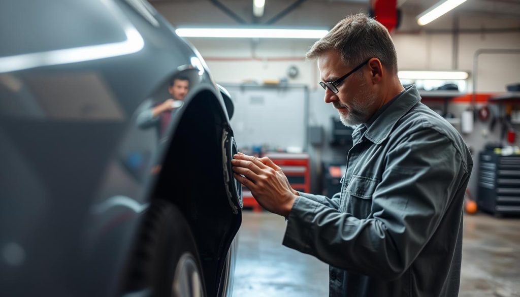 A technician in a well-lit auto repair shop, meticulously examining the damaged panel of a car under the glow of a high-intensity inspection lamp. The shop's concrete floor and tools in the background create a sense of industrious activity. The technician's focused expression and the delicate handling of the car convey the care and attention given to the inspection process, essential for an accurate estimate and successful collision repair.