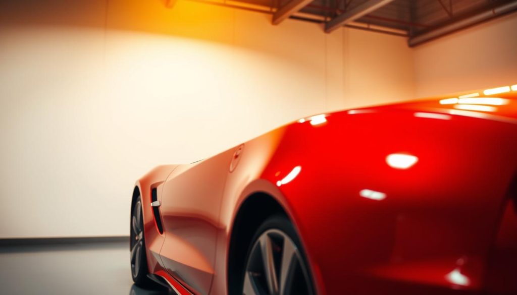 A vibrant, glossy automobile in the foreground, its metallic paint shimmering under warm, directional lighting. In the middle ground, a pristine white wall serves as a backdrop, highlighting the car's bold, saturated color. The scene is bathed in a soft, golden glow, creating a sense of depth and atmosphere. The angle captures the vehicle's sleek, well-proportioned design, emphasizing the precision and care taken in its finishing. The overall impression conveys the quality and attention to detail that would be expected from a renowned auto paint and collision center, such as Miracle Body and Paint in San Antonio.