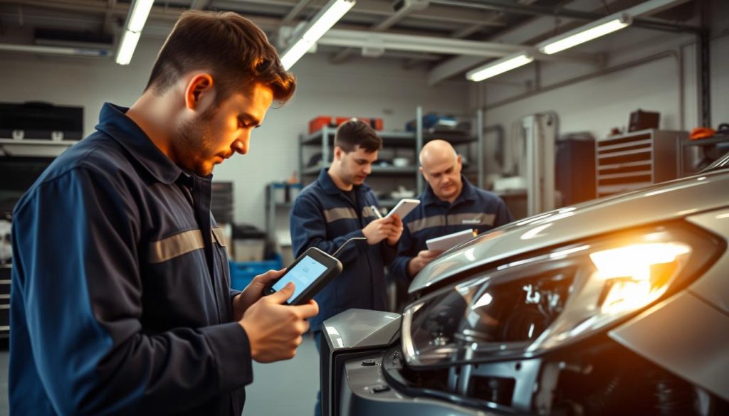 A well-equipped auto repair shop, with mechanics meticulously inspecting a vehicle after a collision. Bright, even lighting illuminates the scene, casting subtle shadows that accentuate the car's contours. In the foreground, a technician carefully examines the front bumper, using a digital diagnostic tool to assess the damage. In the middle ground, another worker inspects the suspension components, making notes on a tablet. In the background, shelves of specialized tools and equipment stand ready to aid in the thorough post-collision evaluation. The atmosphere conveys a sense of professionalism and attention to detail, underscoring the importance of comprehensive safety inspections for fleet vehicles. A well-equipped auto repair shop, with mechanics meticulously inspecting a vehicle after a collision. Bright, even lighting illuminates the scene, casting subtle shadows that accentuate the car's contours. In the foreground, a technician carefully examines the front bumper, using a digital diagnostic tool to assess the damage. In the middle ground, another worker inspects the suspension components, making notes on a tablet. In the background, shelves of specialized tools and equipment stand ready to aid in the thorough post-collision evaluation. The atmosphere conveys a sense of professionalism and attention to detail, underscoring the importance of comprehensive safety inspections for fleet vehicles.